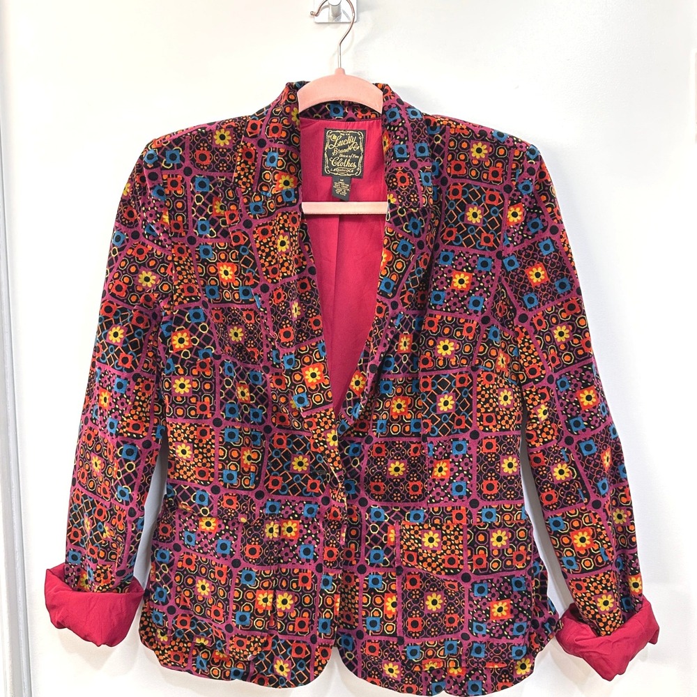 Vintage Lucky Brand Corduroy Blazer Jacket M Geometric Mosaic Holiday 2004 Y2K